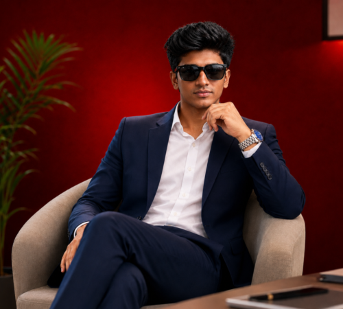 **Alt text:** Digital Marketing Strategist in Kannur wearing a navy blue suit and sunglasses, seated confidently in a modern chair against a stylish dark red background.