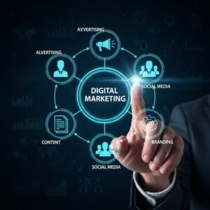 Digital marketing concept showing SEO, social media marketing, content marketing, branding, and online advertising connected through a digital business interface.